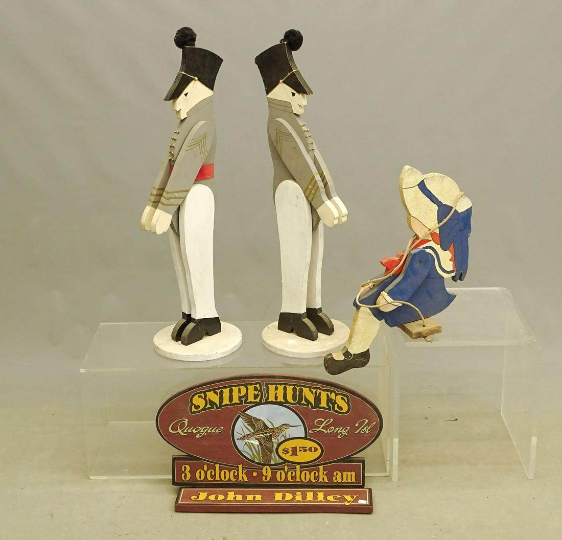 Misc. Lot: Misc. lot including (2) wooden soldiers (as found), wooden girl on swing and sign.