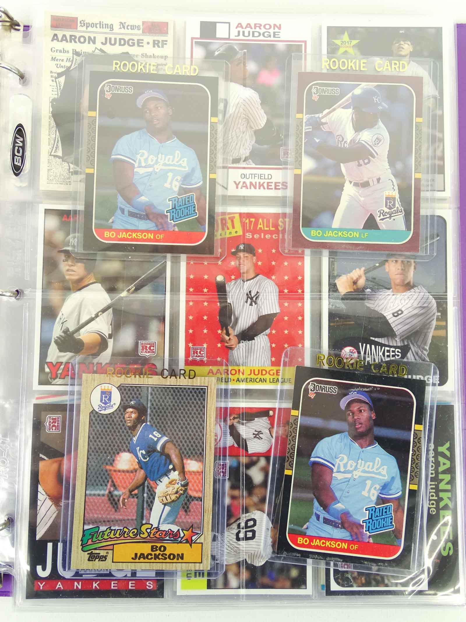 Baseball Cards: Lot (113) Baseball cards. Includes Aaron Judge, Reggie Jackson, Nolan Ryan, Roger Clemens and (4) Bo Jackson Rookie cards.