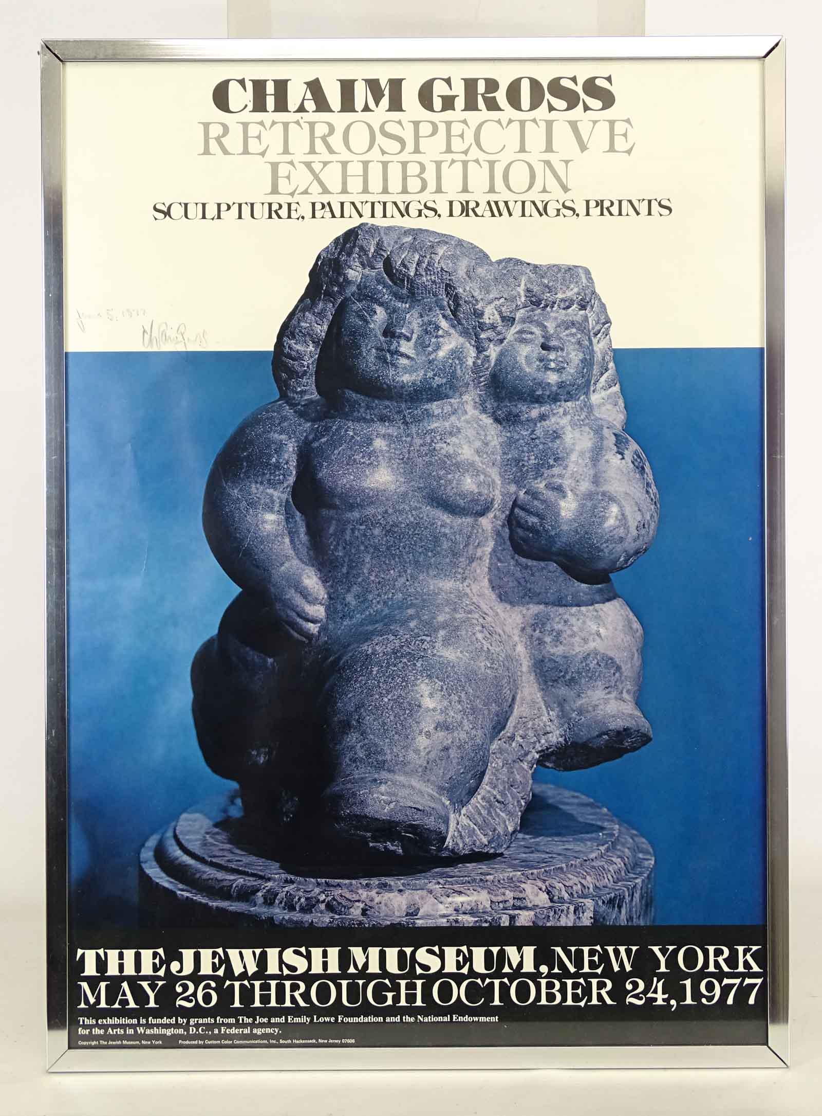 Chaim Gross Judaica Exhibition Poster: Chaim Gross. Retrospective Exhibition. Jewish Museum, NY, 1977. Vintage poster with sculpture of two nude women. Signed and dated in marker upper left. Sight 27 1/2" x 19 1/2".