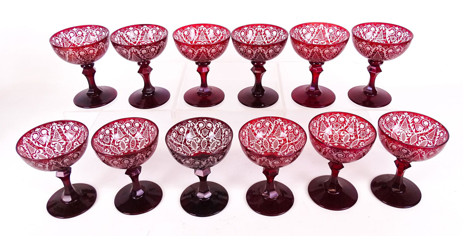 Set of (12) Cranberry Etched Stemware (1 of 5)