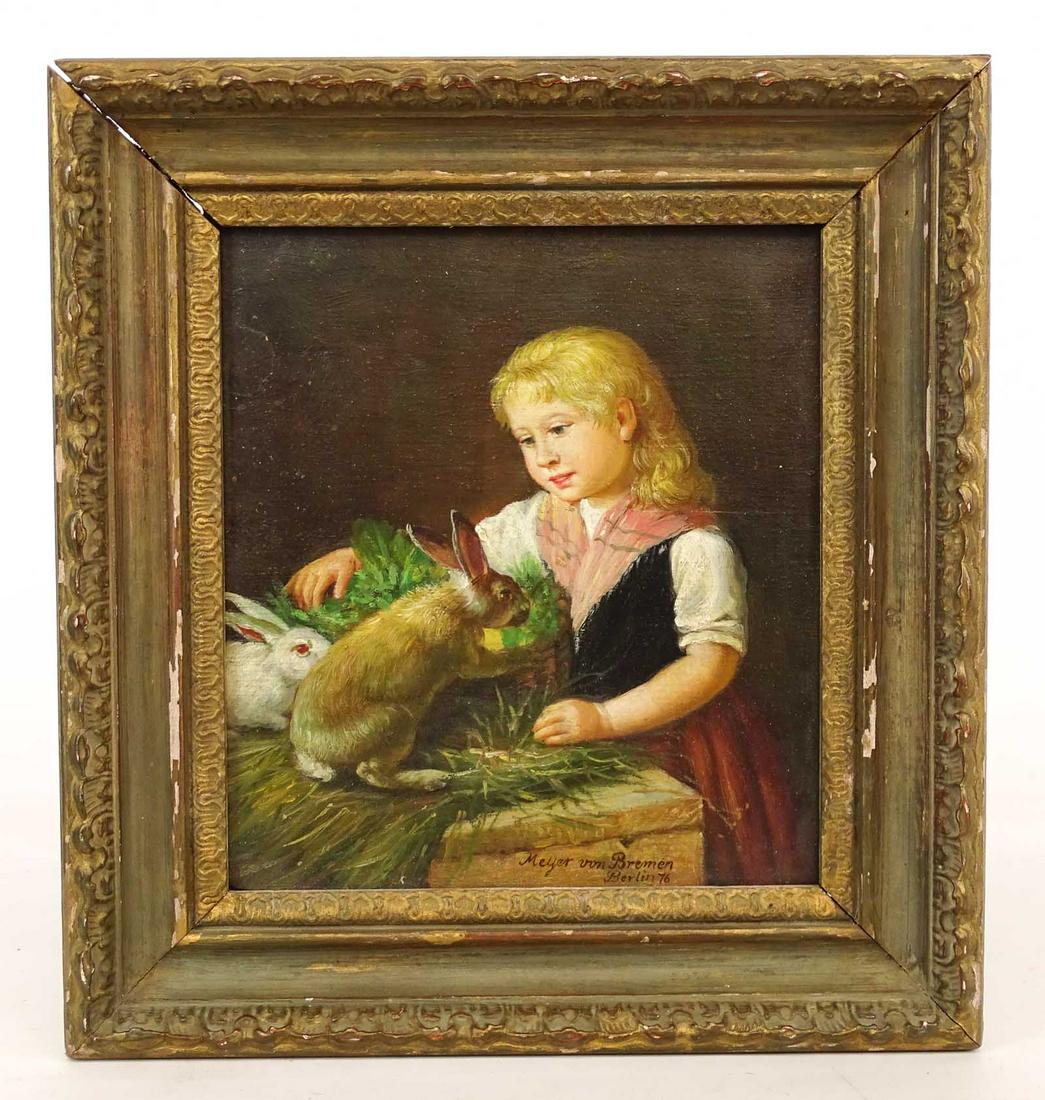 Meyer Von Bremen (19th Century): Meyer Von Bremen (19th Century), little girl with rabbit. oil on panel. 7 3/4" x 7".
