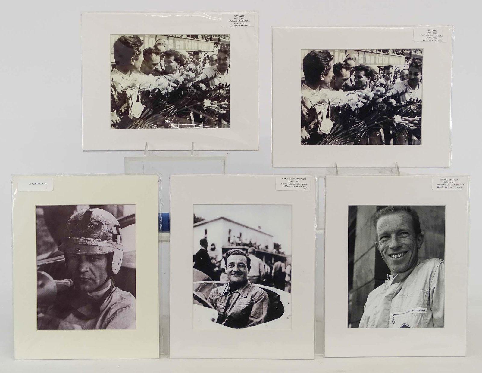 Grand Prix Automobile Racing Images: Lot (5) Grand Prix racing images. Includes Richie Ginther, Briggs Cunningham, Phil Hill (2), Innes Ireland. Overall 11" x 14 1/2".
