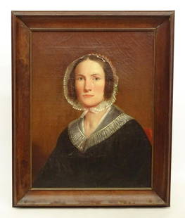 Painting, Portrait of a Woman: Painting: 19th c. portrait of a woman. Info verso, portrait of Phebe Shepard by Shepard A. Mount. Sight 23 1/2" x 18".