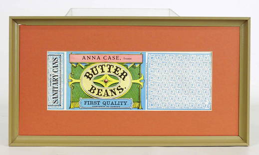 19th c. Shaker Label: 19th c. Shaker label "ANNA CASE, Trustee / BUTTER BEANS....". Sight 4 1/4" x 11 3/4".