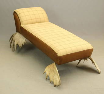 Adirondack Horn Settee: Adirondack horn settee. High quality upholstery. Approx. 77" L..