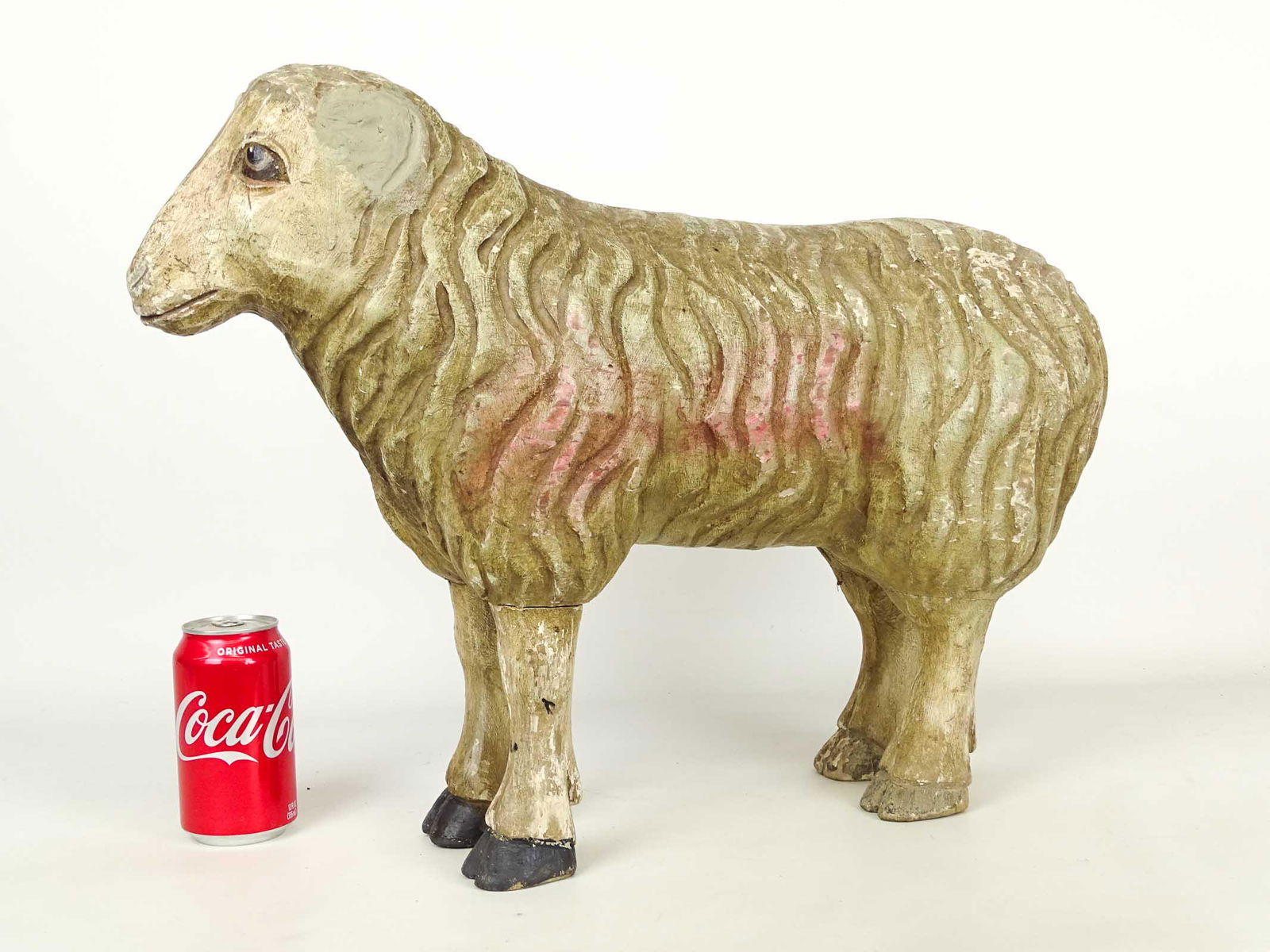 Folk Art Carved Lamb: Folk art wooden carved lamb. 23" x 7" x 18".
