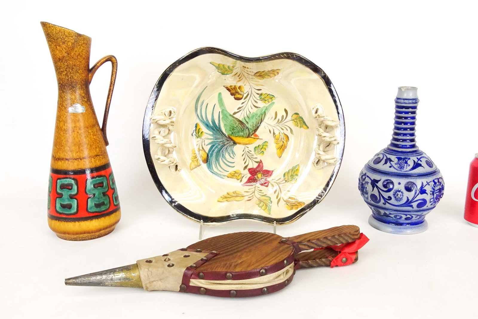 Misc. Lot: Misc. lot including bellows, Mid Century vase (repaired), stoneware vase (chipped), ceramic bowl.
