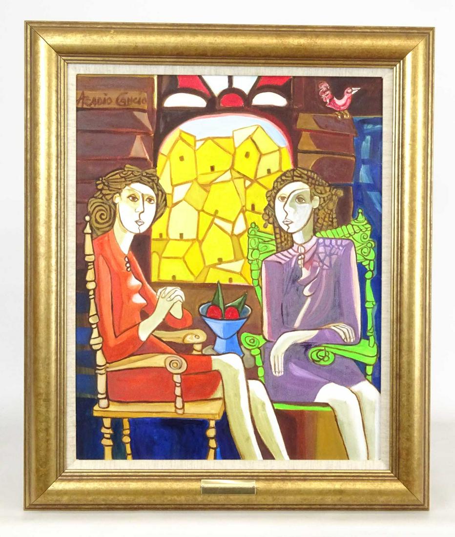 Arcadio Cancio (20th Century): Arcadio Cancio (20th Century), Modernist figures, oil on canvas. Marked reverse "1998 / Enun Pueblo / de Cuba". 20" x 16".