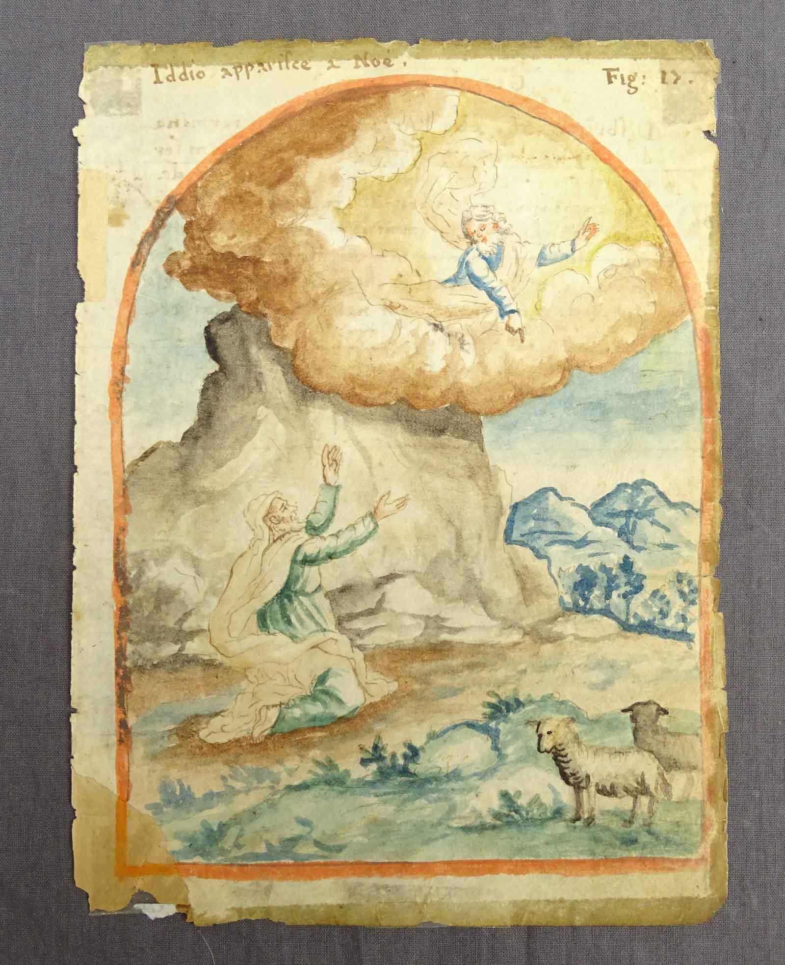 Genesis Noah Early Watercolor: Noah Appears to God. Iddio Apparisce Noe. Genesis text in manuscript verso. Watercolor on paper. Italian. Antique. Possibly 18th C. 7 3/4" x 5 3/4".