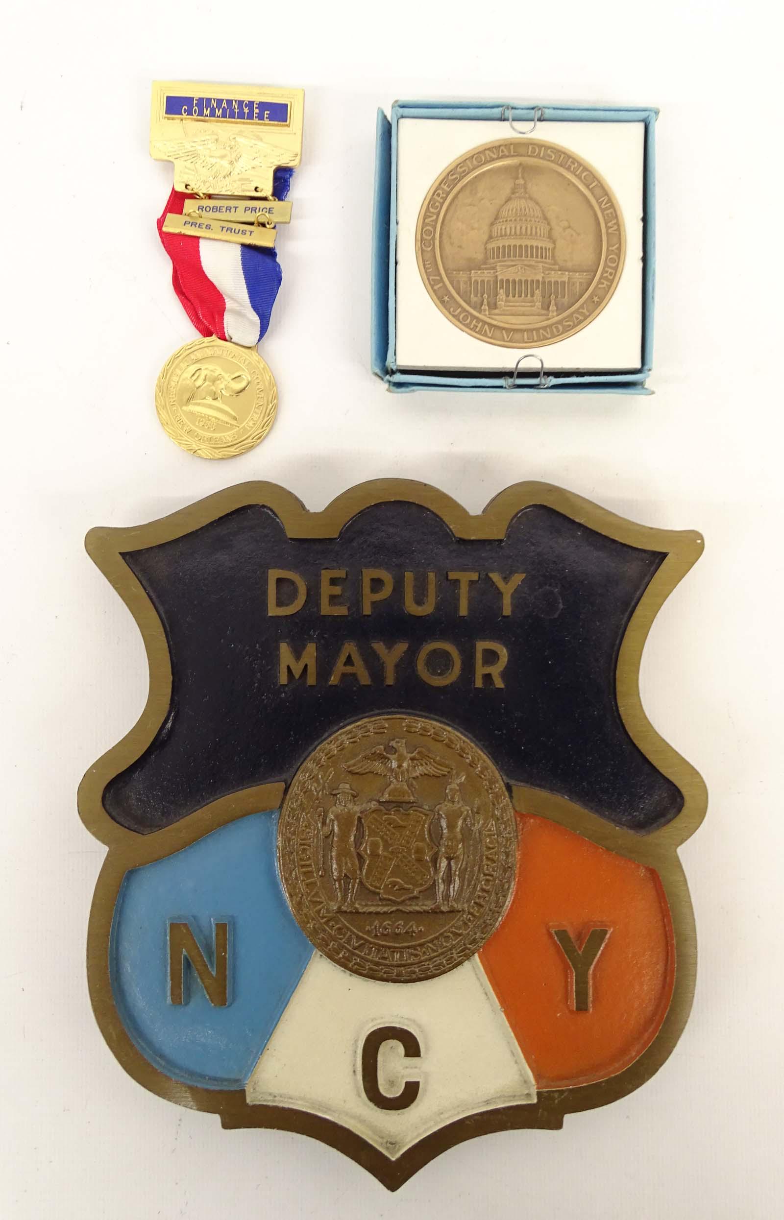 New York City Political Memorabilia (3): Deputy Mayor New York City Bronze Shield. Mayor John Lindsay Medal. Ribbon Badge. Provenance: Robert Price (1932-2016). Exonumia.
