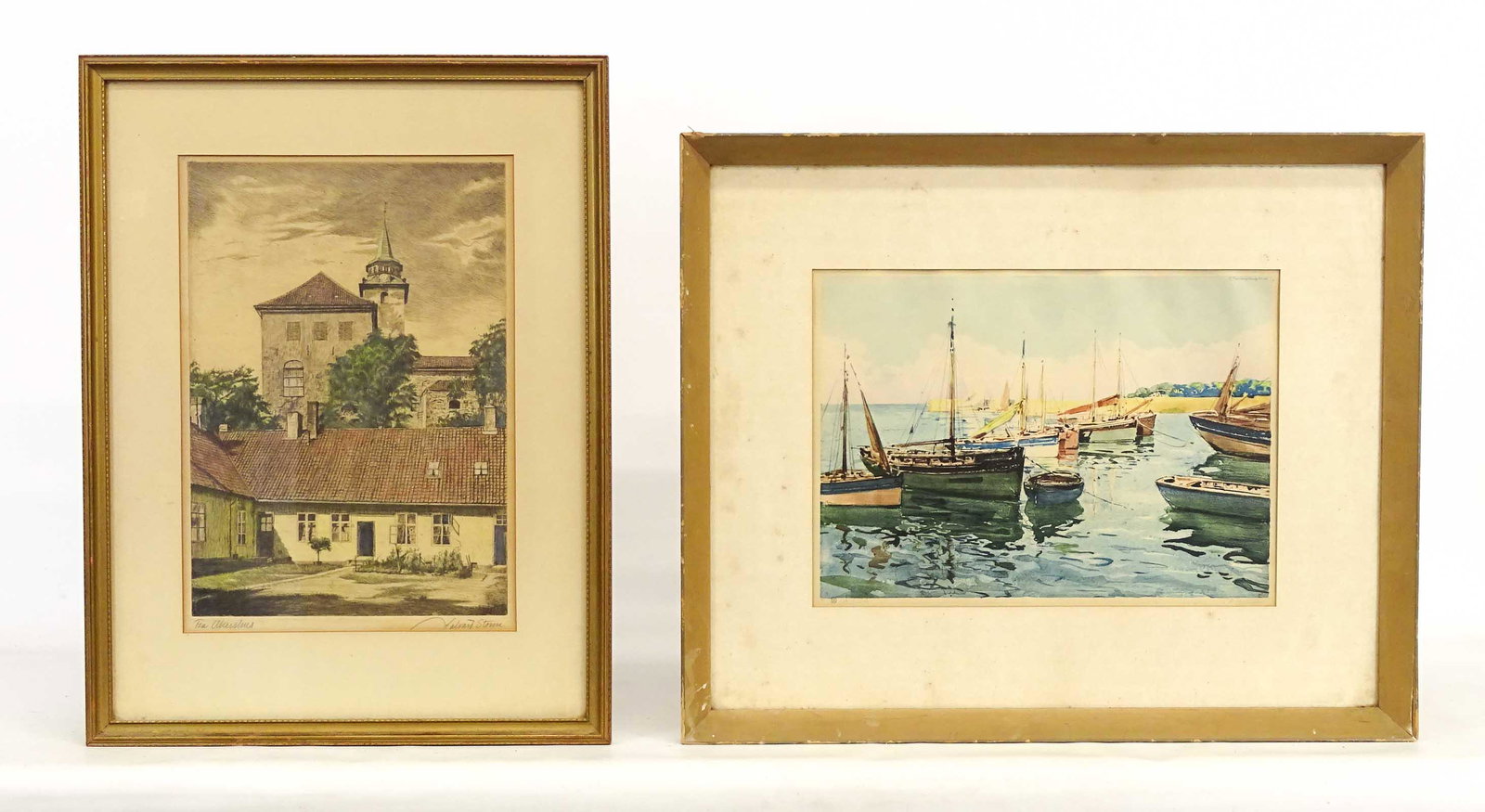 Pencil Signed Prints: Pencil signed print "Harvard Storm", artist signed indistinctly. Sight 14 1/2" x 10", along with harborscape print (sight 10 1/2" x 14 1/2").