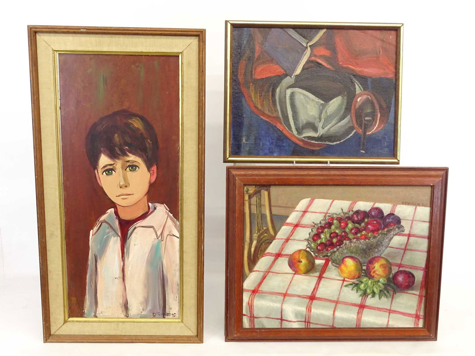 Artwork Lot: Lot (3) pieces of artwork including still life, oil on canvas (16" x 20"), abstract, oil on canvas (signed reverse, 13 1/2" x 18"), portrait of a child (oil on masonite, signed LRC, 27 1/2" x 11 1/2")