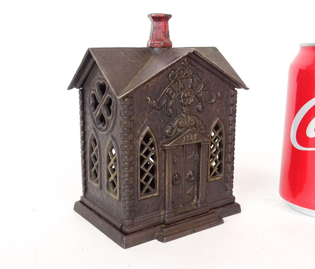 Cast Iron Church Bank: C. 1882 Kyser & Rex cast iron Church bank. Pat'd Feb. 7, 1882. 4" x 3" x 6".