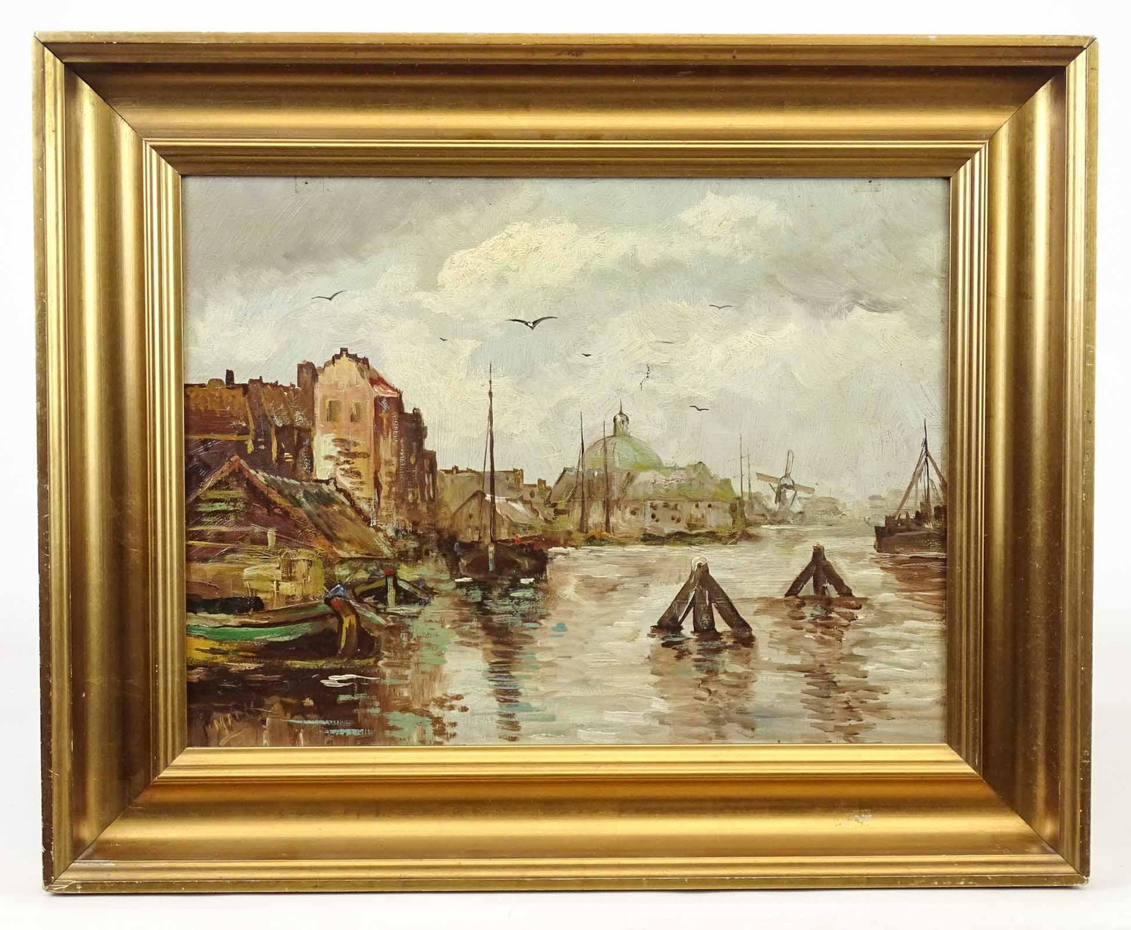 Continental School, Harborscape: Continental School, harborscape, oil on panel. 12" x 15 1/2".