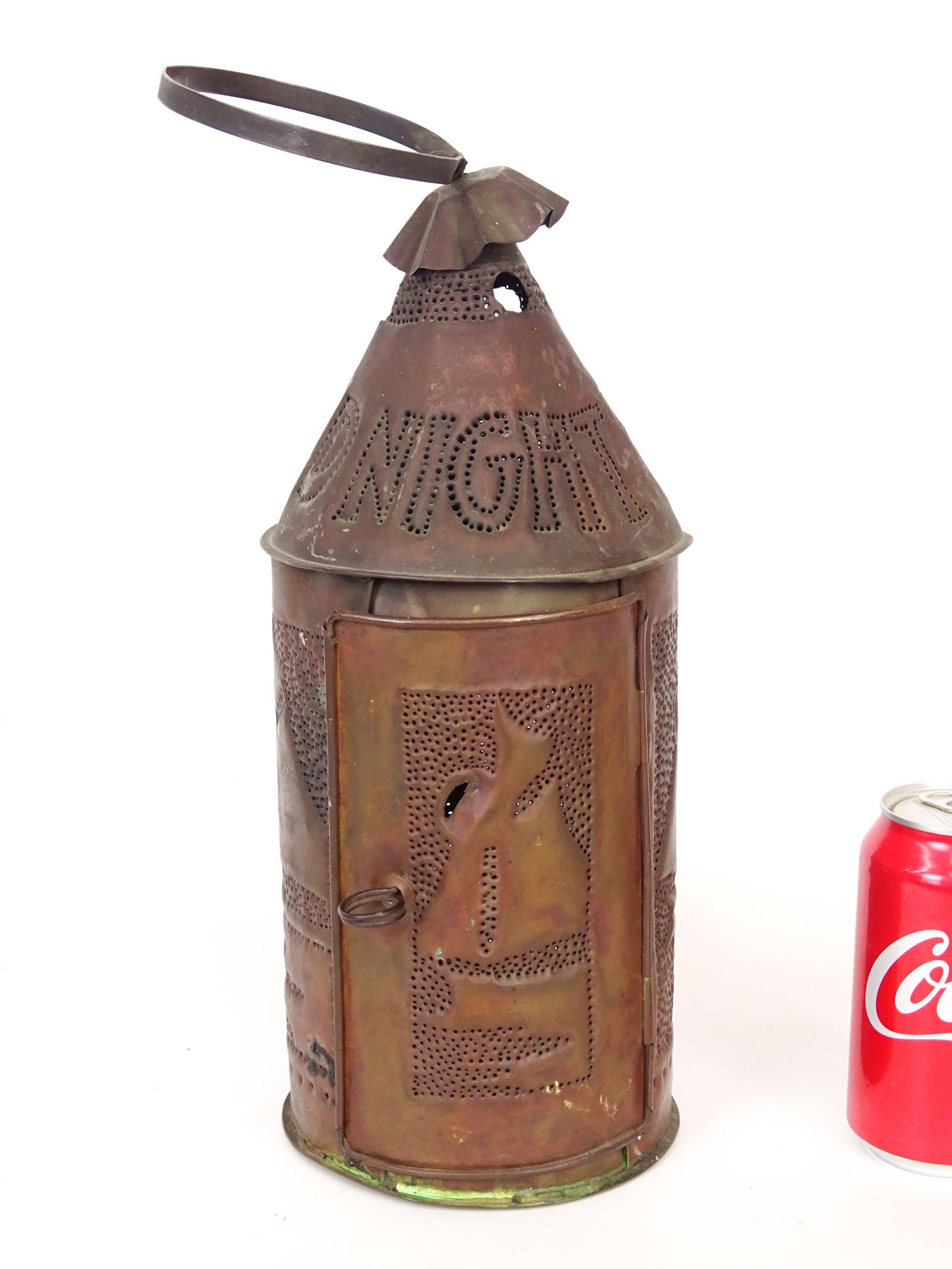 Copper Decorated Lantern: Copper decorated lantern. Marked "MID NIGHT RELIEF". 17" Ht..