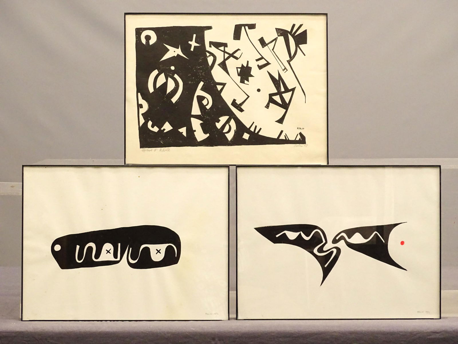 Kolin (20th Century): Kolin (20th Century), three abstracts prints. Signed and dated LRC 1971. Possibly Sacha Kolin (New York / France / Austria 1911-1981). Sights 12" x 16".