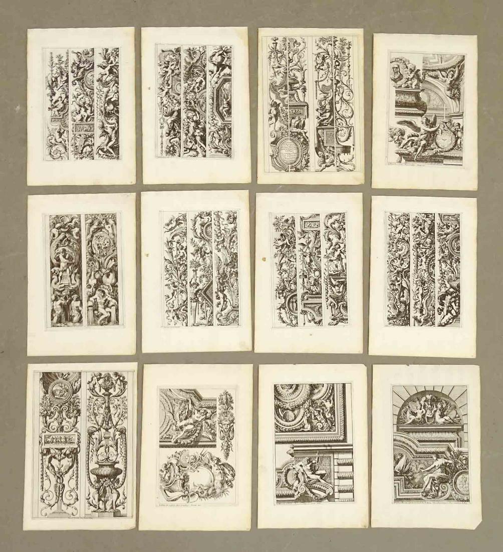 Antique French Architectural Print Set (12): 12 Baroque Louis XIV grotesque designs. Jean Lepautre (1618-1682) (artist and engraver). Marriete, Paris, 2nd Half 17th Century. Engravings, uncolored. 12" x 8 1/2".
