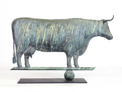 Cow Weathervane: Cow weathervane, L. W. Cushing type. Verdigris patina. Stand included. 24" x 16".