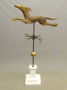 Dog Weathervane: Wooden running dog weathervane on stands with directionals. Dog 34" x 12", 5' overall Ht. on stand.