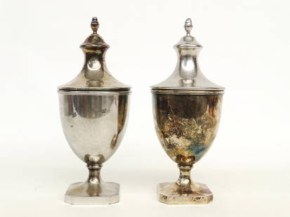 Pair Sheffield Federal Sugar Urns: Near pair of early hallmarked Sheffield sugar urns. Approx. 10" Ht..