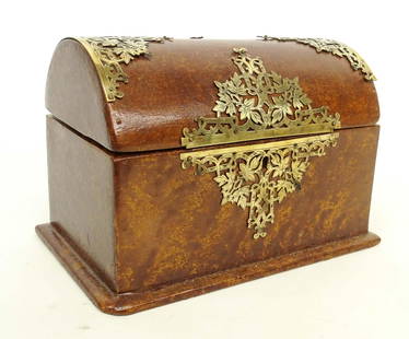 19th c. Dometop Tea Caddy: 19th c. brass fitted faux grained dometop tea caddy. 8 1/2" x 5 1/2" x 6".