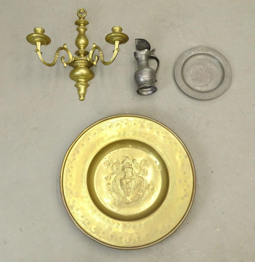 Misc. Lot: Misc. lot including brass charger (20" D.), sconce (17" L.), pewter plate, pewter flagon.