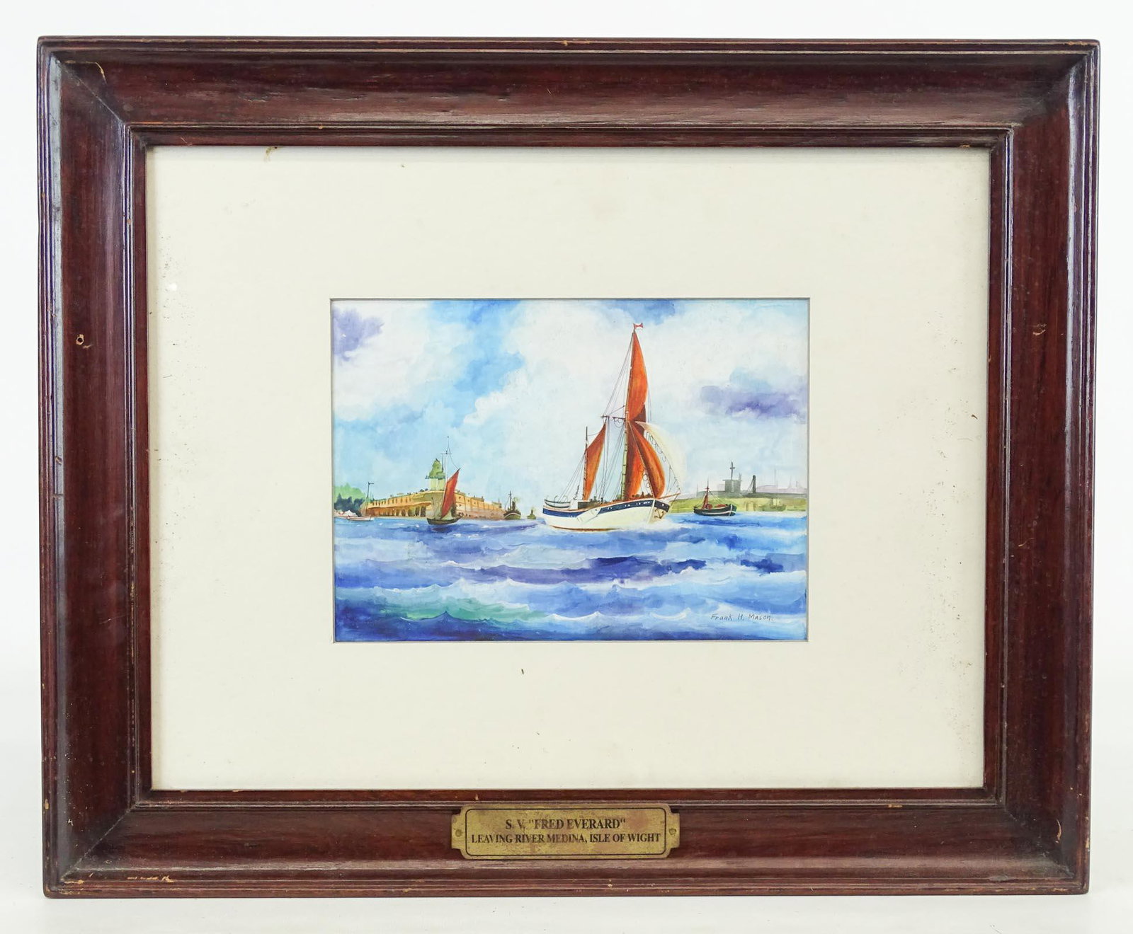 Frank Henry Algernon Mason (1876-1965): Frank Henry Algernon Mason (1876-1965), "S.V. "FRED EVERARD / LEAVING RIVER MEDINA, ISLE OF WIGHT". Sight 7" x 9 1/2".