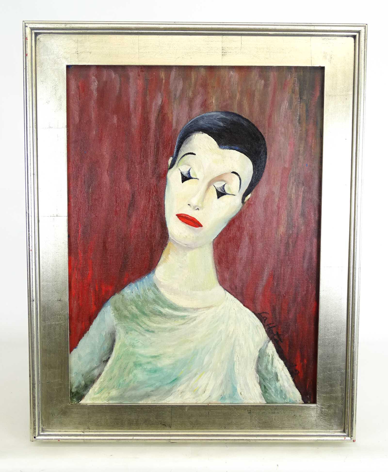 Painting of Clown: Painting: Clown, signed "La Hotan" (?). Oil on canvas. 24" x 18".