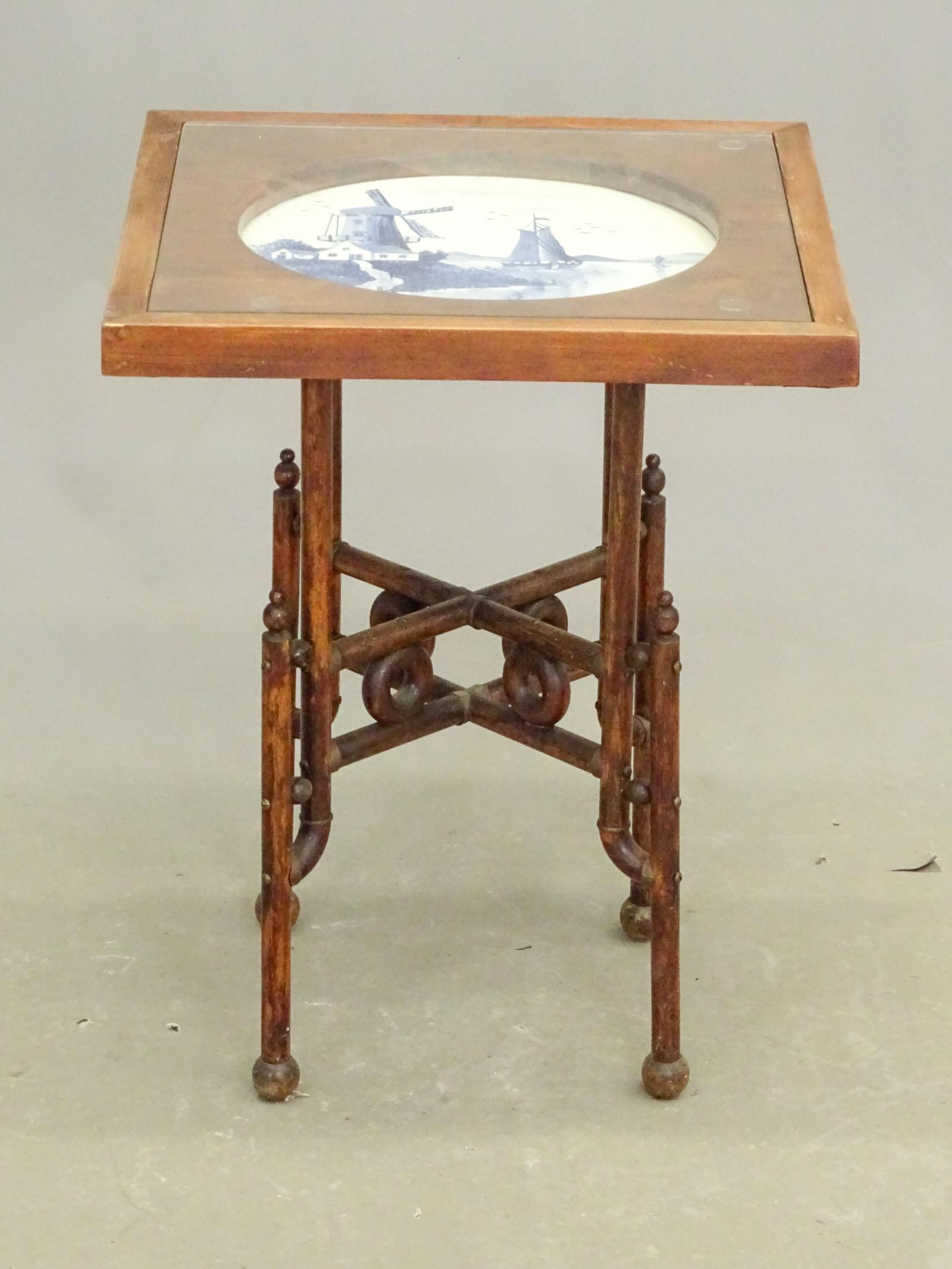 Delft Top Table: Delft top bamboo base table. 17 1/2" x 17 1/2" x 22 1/2". Slightly wobbly.