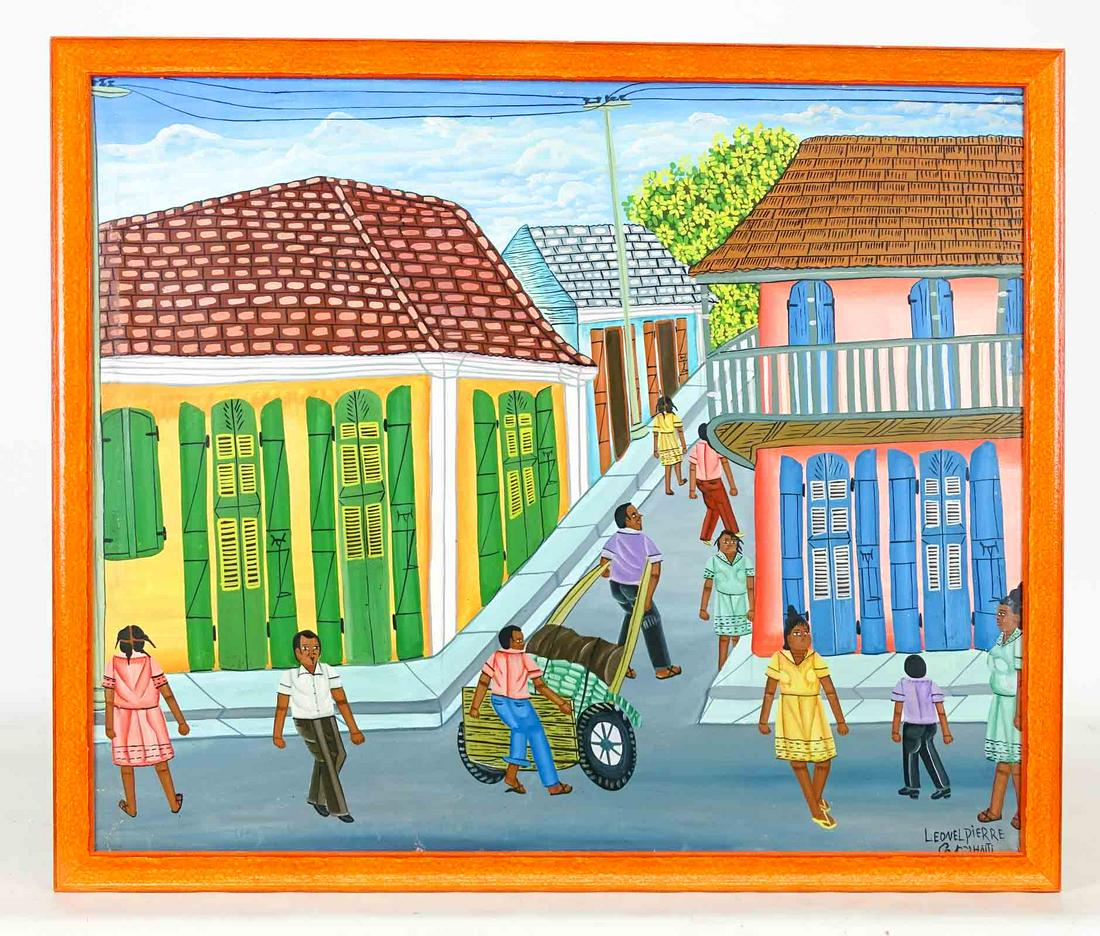 Haitian School, Street Scene: Haitian School, street scene, oil on panel. Signed LRC "Leonel Pierre". Sight 19 1/2" x 24".