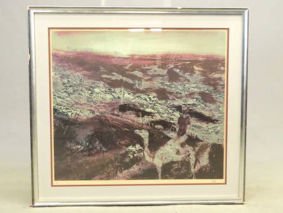 Large Australian Print by Nolan: Large folio color screen print, Burke on Camel. By Sir Sidney Nolan (Australia 1917 – 1992). Signed in pencil LRC, editioned in pencil 31 of 60 ll. Sight 26 1/2" x 30 1/2".