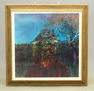 Large Australian Print by Nolan: Large folio color screen print, Miner and Tree. By Sir Sidney Nolan (Australia 1917 – 1992). Signed in pencil lr, editioned in pencil 47 of 70 ll. Sight 31 1/2" x 31 1/2".