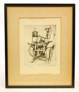 William Meyerowitz (1887-1981): William Meyerowitz (1887-1981), "Knife Grinder", pencil signed etching. Sight 11 1/4" x 8 1/4".