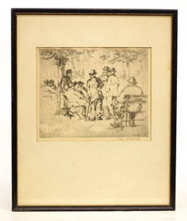 William Meyerowitz  (1887-1981): William Meyerowitz (1887-1981), "Old Men in the Park", pencil signed ething. Sight 8" x 10".