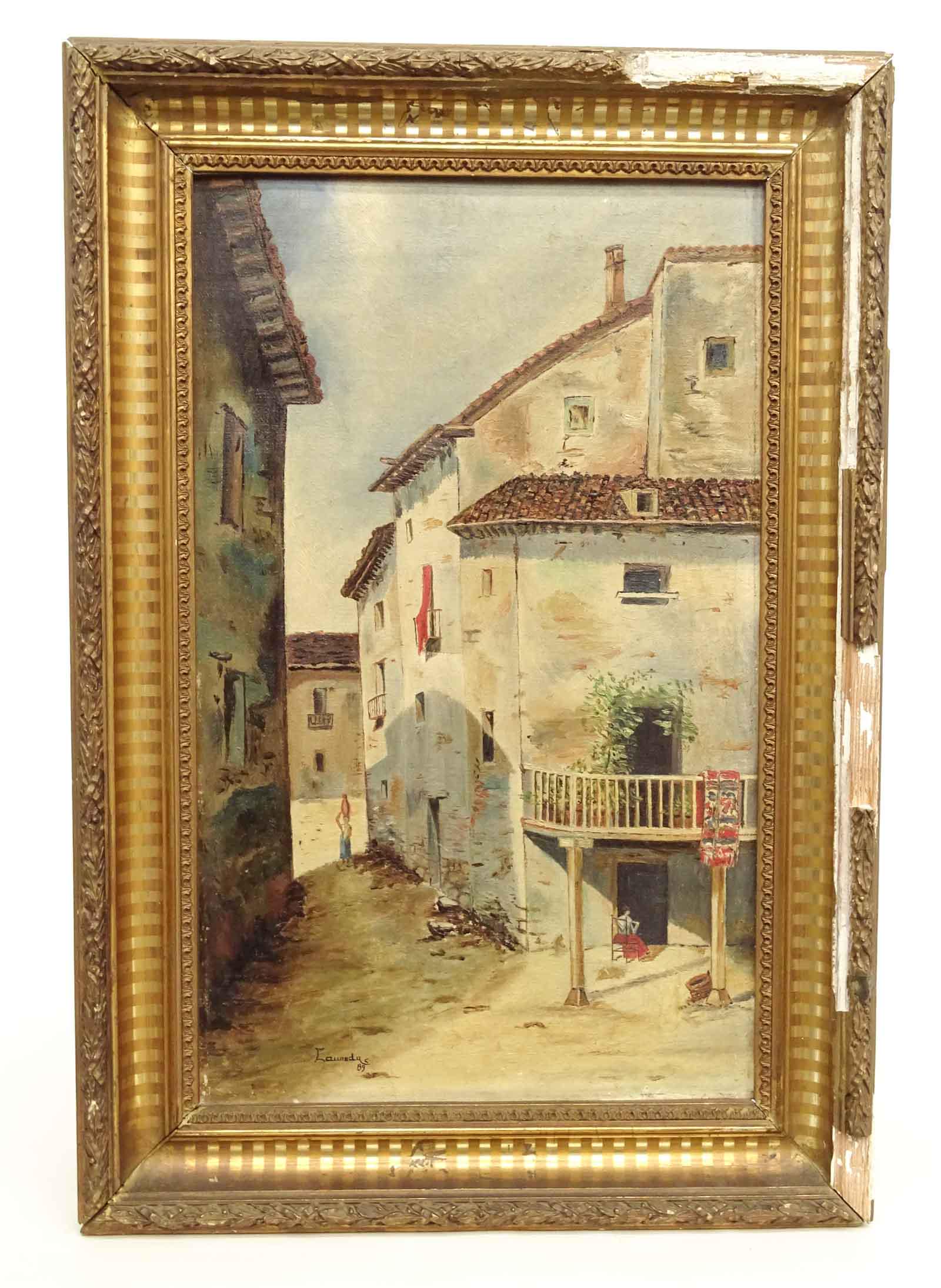 Continental School, Buildings with Figure: 19th c. Continental School, buildings with figure, oil on canvas. Frame as found. 16 3/4" x 10 3/4".
