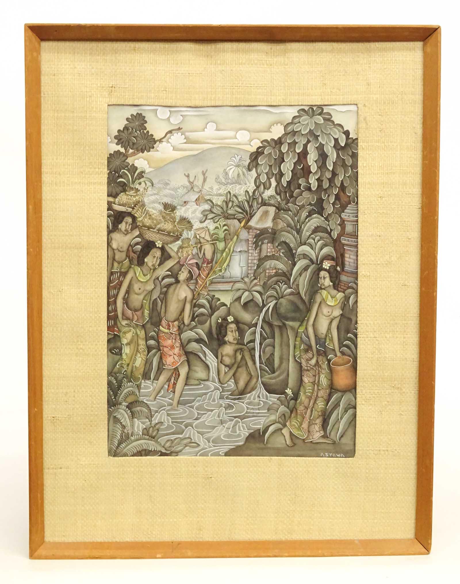 Astawa (Indonesia 20th Century): Astawa (Indonesia 20th Century), village scene, watercolor. Sight 12" x 8 1/2".