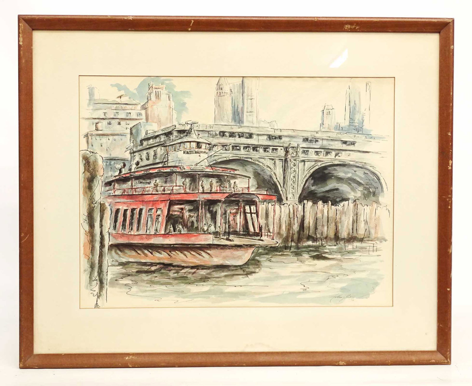 Watercolor, Bridge Scene: Watercolor on paper, bridge scene, signed LRC "Anthony Pless" (?). Sight 17" x 23".