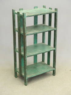 Arts & Crafts Shelf: Arts & Crafts shelf in green paint. 18 1/4" x 11" x 34 3/4" Ht.. Nice alligatored surface.