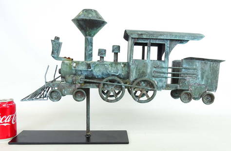 Locomotive Weathervane: Locomotive / Train weathervane. Copper in verdigris patina. 24" L., 16" Ht.. Stand included.