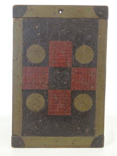 Game Board: Late 19th c. pine, walnut and oak Parcheesi game board. Breadboard ends. 13 1/4" x 20", 1" thick.