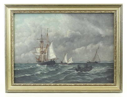 Painting, Seascape: Painting: Seascape with sailing vessels, oil on canvas. Canvas marked Boston. 10" x 14".