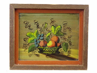 Eglomaise Theorem: Eglomaise theorem, basket of fruit. Modern frame. Sight 7 1/2" x 9 1/2".