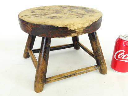 19th c. Footstool: 19th c. stretcher base footstool. Pine and maple, traces of old paint, scrubbed top. 10" x 9 1/2" x 8".
