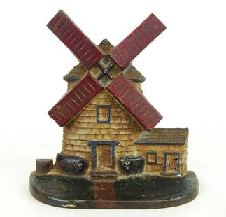Windmill Doorstop: C. 1920 "Cape Cod" model cast iron doorstop. Marked "10" backside. National Foundry, Whitman, Mass.. Ref: The Doorstop Book, Smith, p.. 244. 6 1/2" x 2 1/2" x 7".