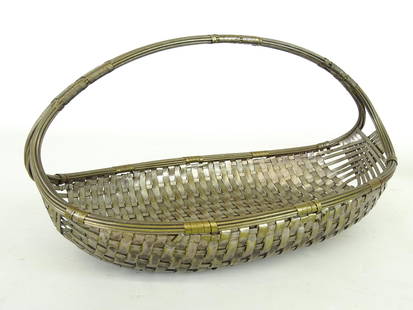 Woven Metal Basket: Early woven metal "Anniversary" basket. Tinned brass. 11 1/2" x 6" x 6 1/2".