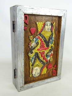 Game Box: Folding game box, pine and walnut. Relief carved on lid. Polychrome painted. 13" x 8 3/4" x 3".