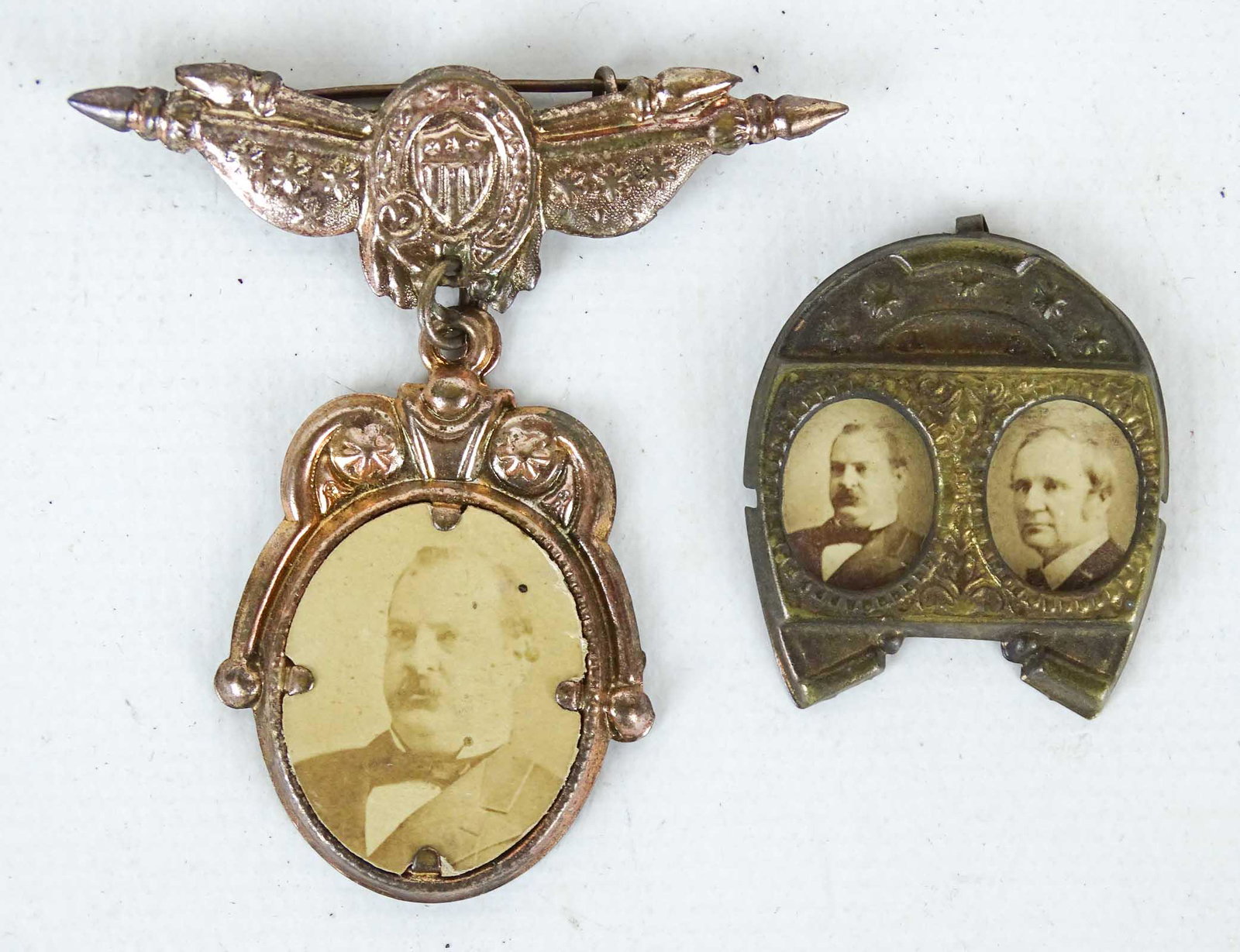 Political Lot: Lot (2) pieces including Cleveland-Hendricks Horseshoe badge and Grover Cleveland 1884 Campaign. Case included.