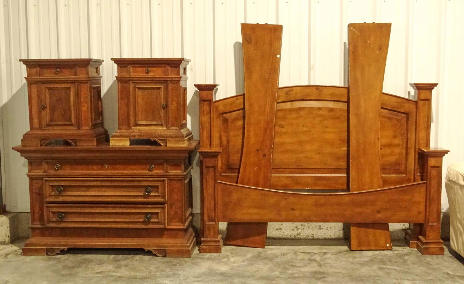 Bedroom Set: Bedroom set including large dresser (63" x 24" x 39"), large bed (headboard 87" x 60", 81" rails, (2) end tables (25 1/2" x 15 1/2" x 30").