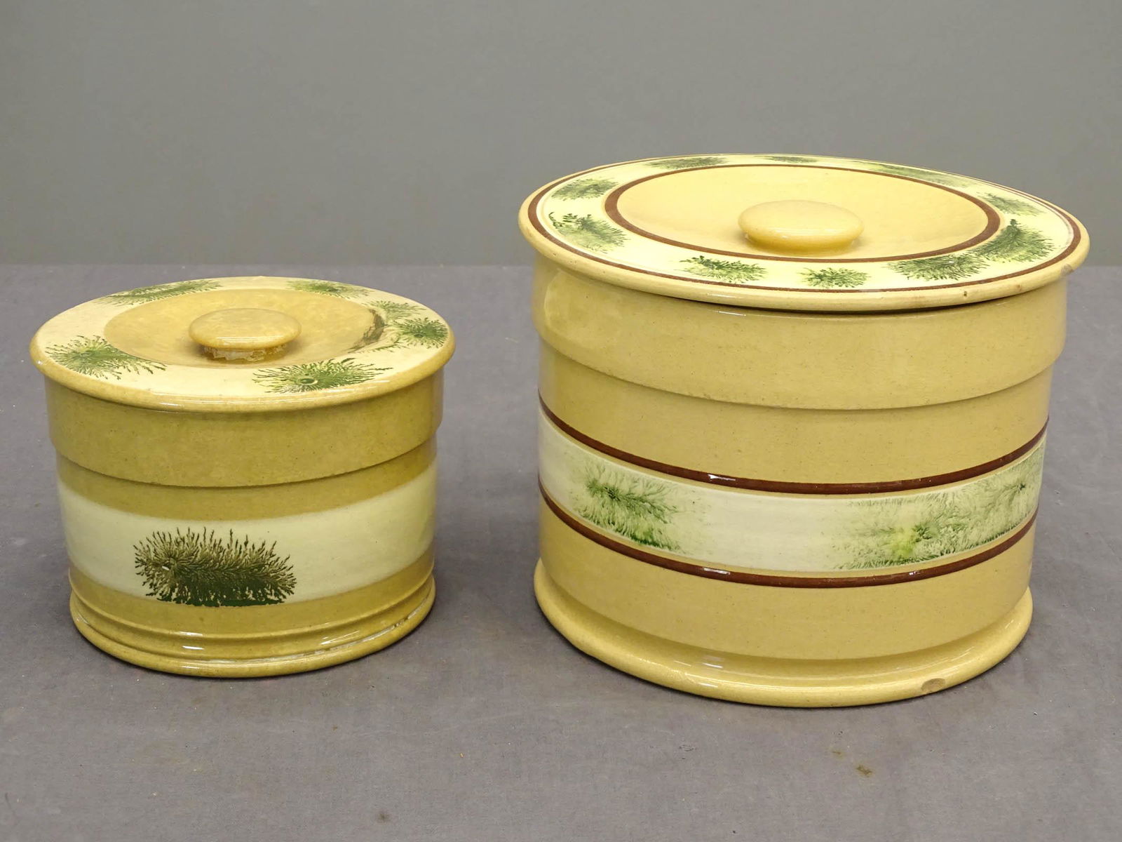 19th c. Yelloware Seaweed Decorated Covered Jars (1 of 5)