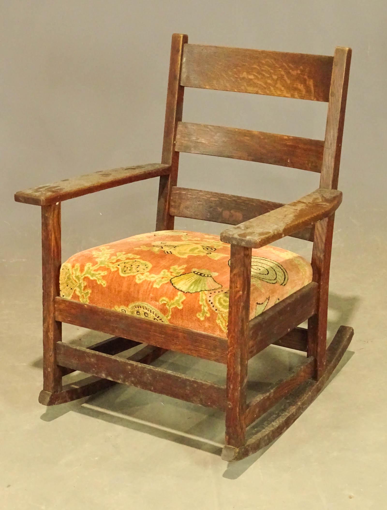 Mission Oak Rocking Chair: Mission oak rocking chair. 17" seat Ht., 33 1/2" overall Ht..